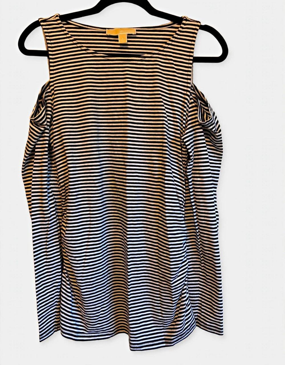 Michael Kors Black White Striped Cold Shoulder Long Sleeve Round Neck Top L